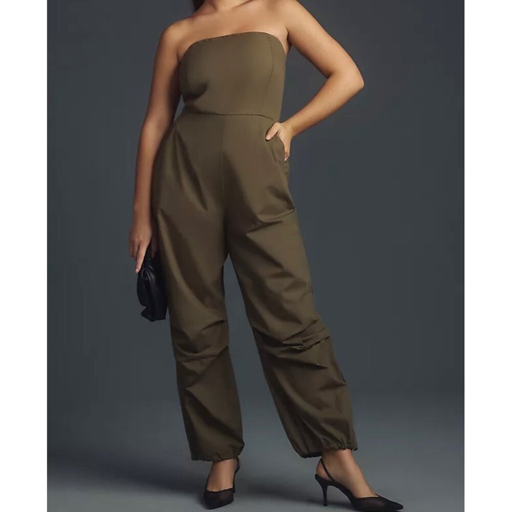Anthropologie Strapless Shirring Back Parachute Jumpsuit Cotton Lightweight Oliv